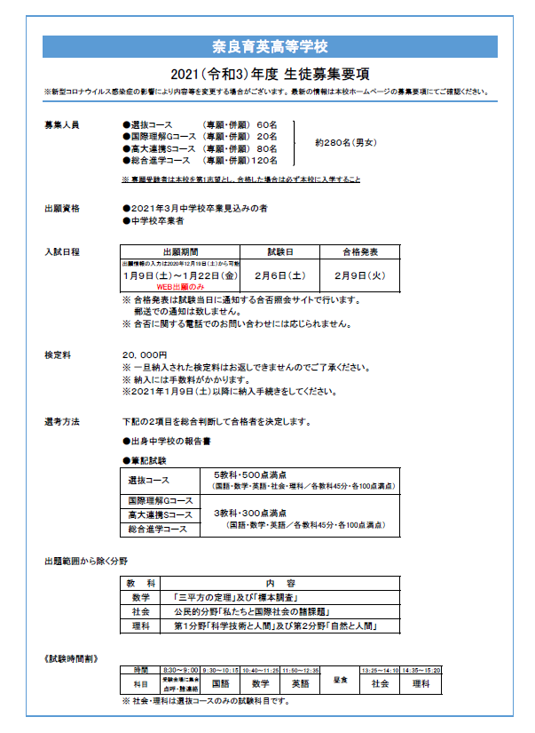 募集要項 奈良育英中学校 高等学校